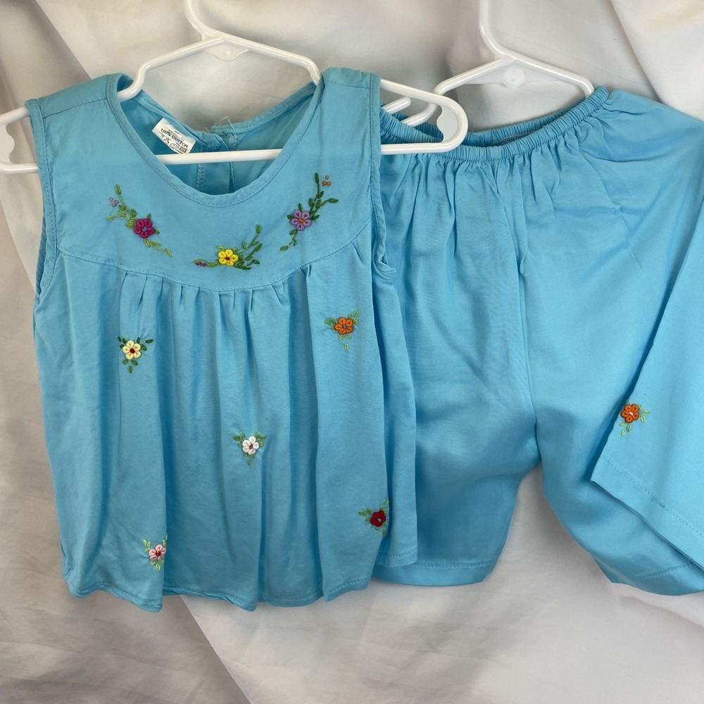 Two Piece 100% Cotton Shorts Shirt Light Blue With Embroidered Flowers Size 3